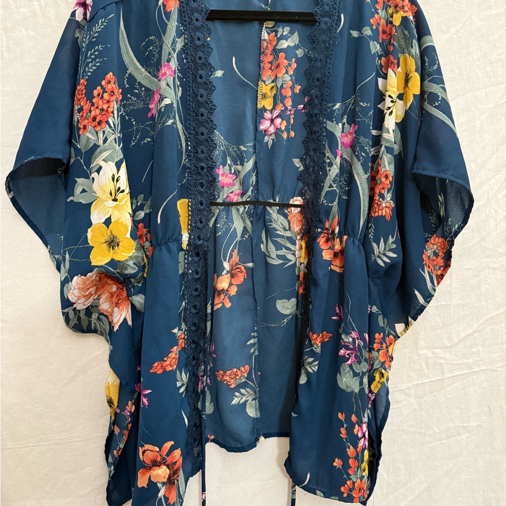 Haute Project Floral Boho Kimono Lace Open Front Deep Teal Blue 1XL Cottagecore